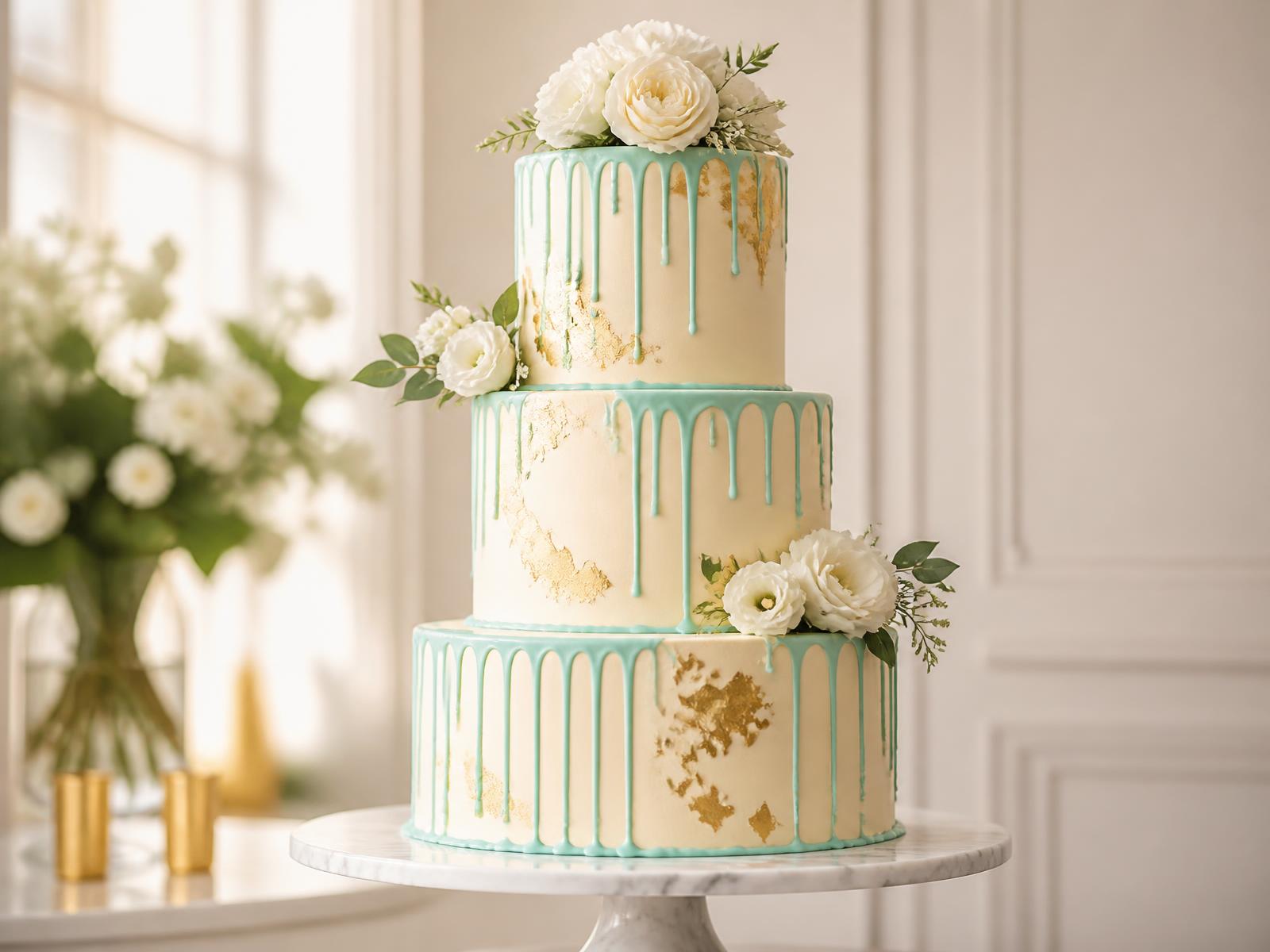 Three-tier luxury wedding cake with turquoise drip and gold leaf